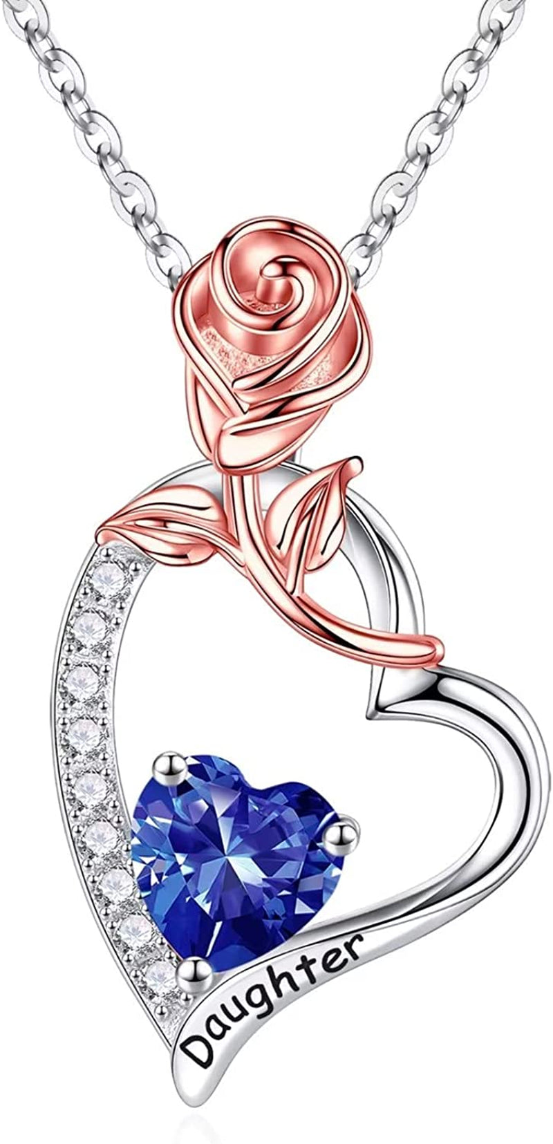 Daughter Gifts Rose Heart Birthstone Necklace, 925 Sterling Silver Natural or Created Gemstone Pendant Necklace Valentines Mothers Day Gifts for Daughter Birthday Christmas Gifts for Daughter from Mom