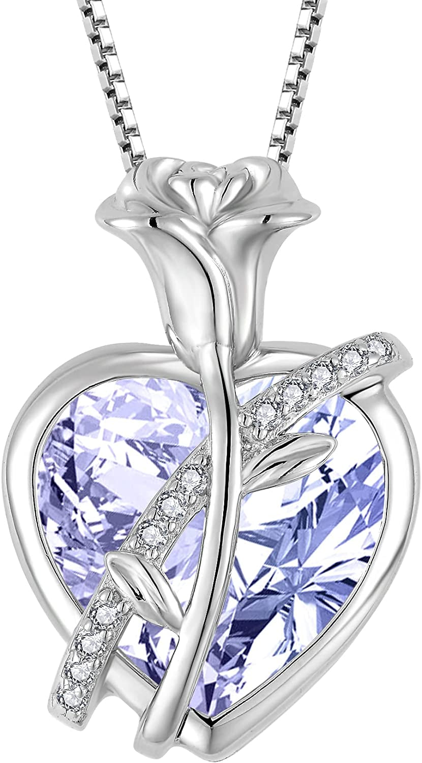 Birthstone Necklace for Women 925 Sterling Silver Created Gemstone Rose Flower Love Heart Pendant Necklace Birthday Valentines Mothers Day Anniversary Christmas Gifts for Mom Wife Girls Her