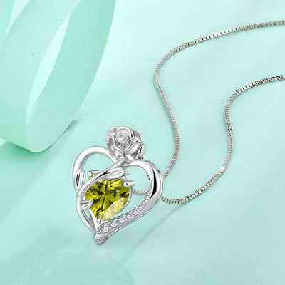 Love Heart Birthstone Necklace for Women 925 Sterling Silver Rose Flower Necklace Created Gemstone Pendant Birthday Valentines Mothers Day Anniversary Christmas Gifts for Mom Wife Girls Her
