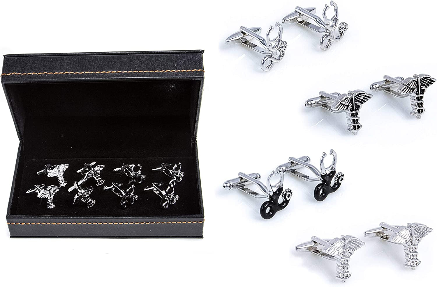 Dr Doctor Stethoscope Caduceus Asclepius MD 4 Pairs Cufflinks in Presentation Gift Box & Polishing Cloth