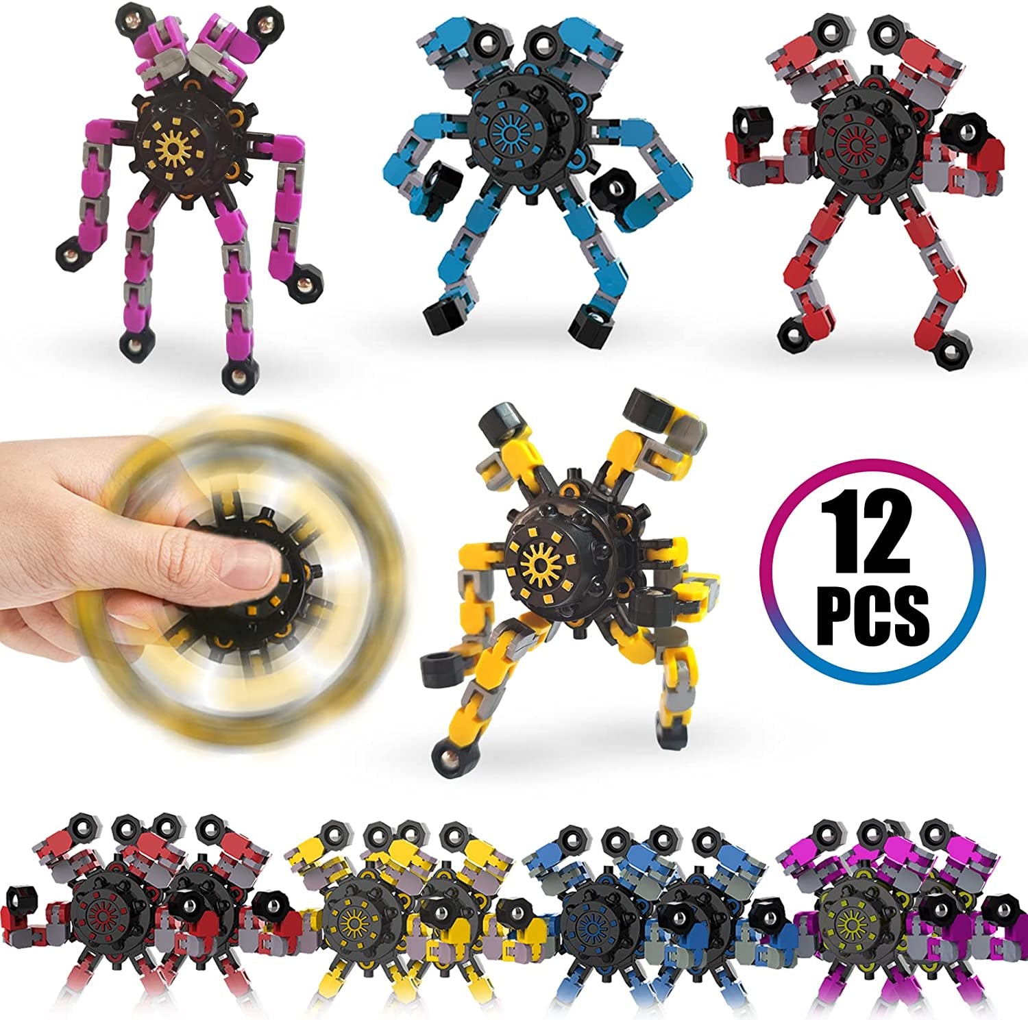 12 Pack Funny Sensory Fidget Toys,Deformable Chain DIY Robot Spinners Twister Fingertip Stress Relief Gyro Toy Christmas Stocking Stuffers Birthday Gifts Party Favors for Kids Adults,Classroom Prizes