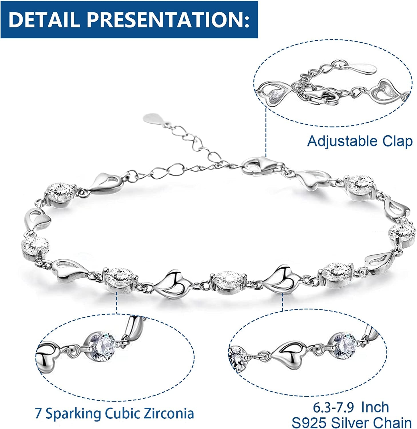 925 Sterling Silver Heart Bracelet for Women Girl, Adjustable Love Heart Bracelet with Cubic Zirconia, Jewelry Heart Anklets Chain Gift with Blue Velvet Gift Box, for Girlfriend, Wife, Grandma, Mom, Birthday, Valentine'S Day