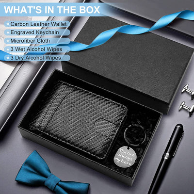 Gifts for Dad,Men'S Leather Wallet for Valentines Day Gifts with Money Clip, RFID Blocking,Bifold Credit Card Holder with 11 Slots,Clips 6-10 Bills,Gifts for Men Him Husband Boyfriend-Carbon Fiber