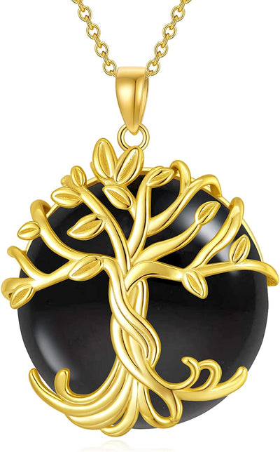 Tree of Life Necklace 14K Rose Gold Silver round Jade/Black Onyx Celtic Family Tree Pendant Necklace Jewelry Gifts for Women Girls Mom Wife Daughter Her