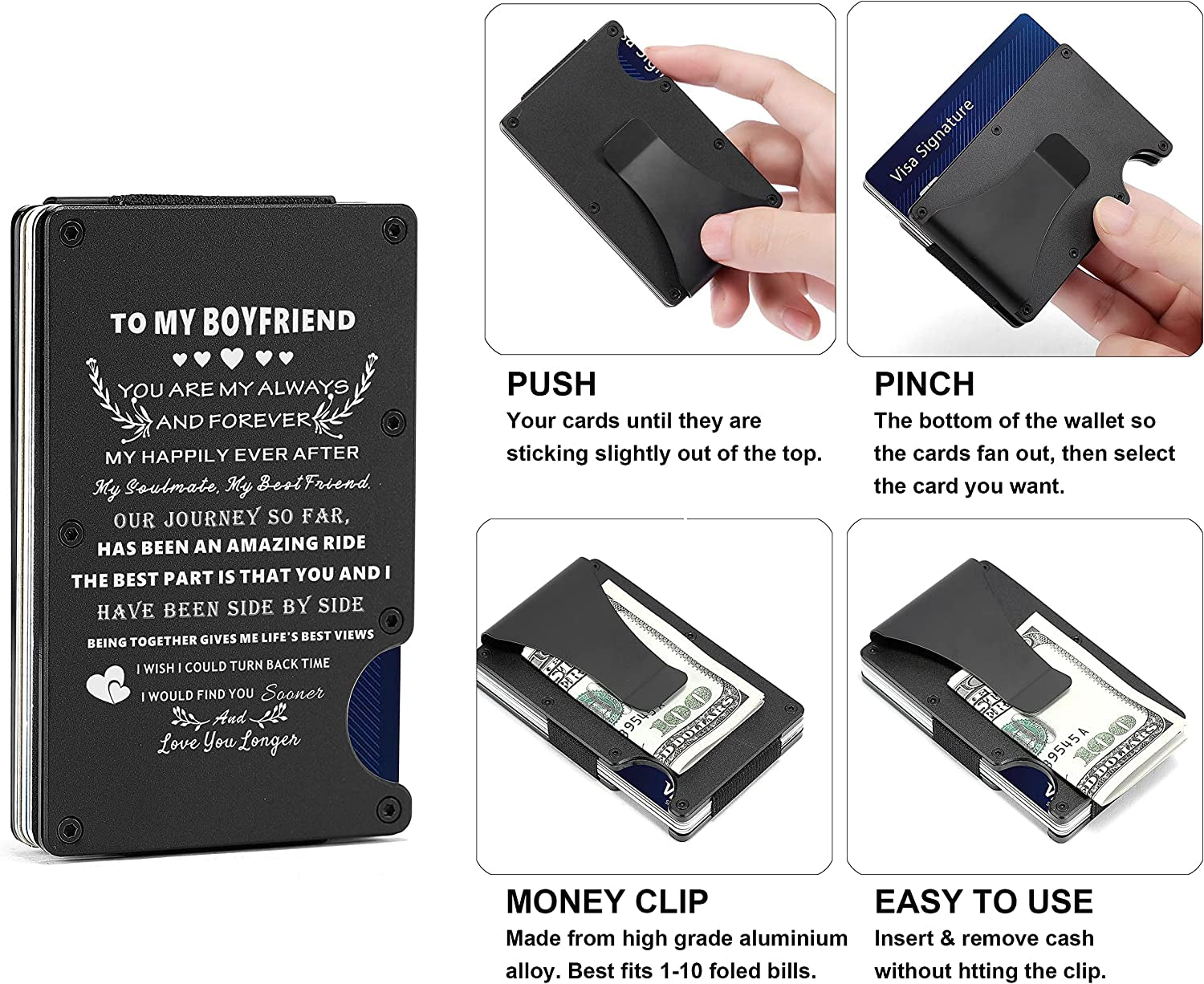 Minimalist Engraved Wallet for Boyfriend from Girlfriend - Slim Metal RFID Blocking Card Holder - Personalized Aluminum Front Pocket Money Clip for Men - Christmas Birthday Anniversary Valentines Day