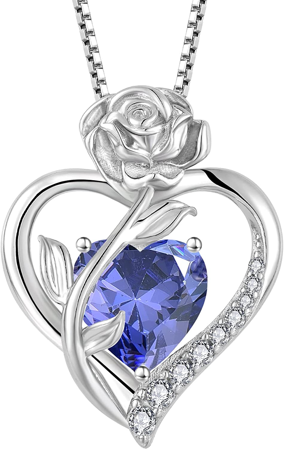 Love Heart Birthstone Necklace for Women 925 Sterling Silver Rose Flower Necklace Created Gemstone Pendant Birthday Valentines Mothers Day Anniversary Christmas Gifts for Mom Wife Girls Her