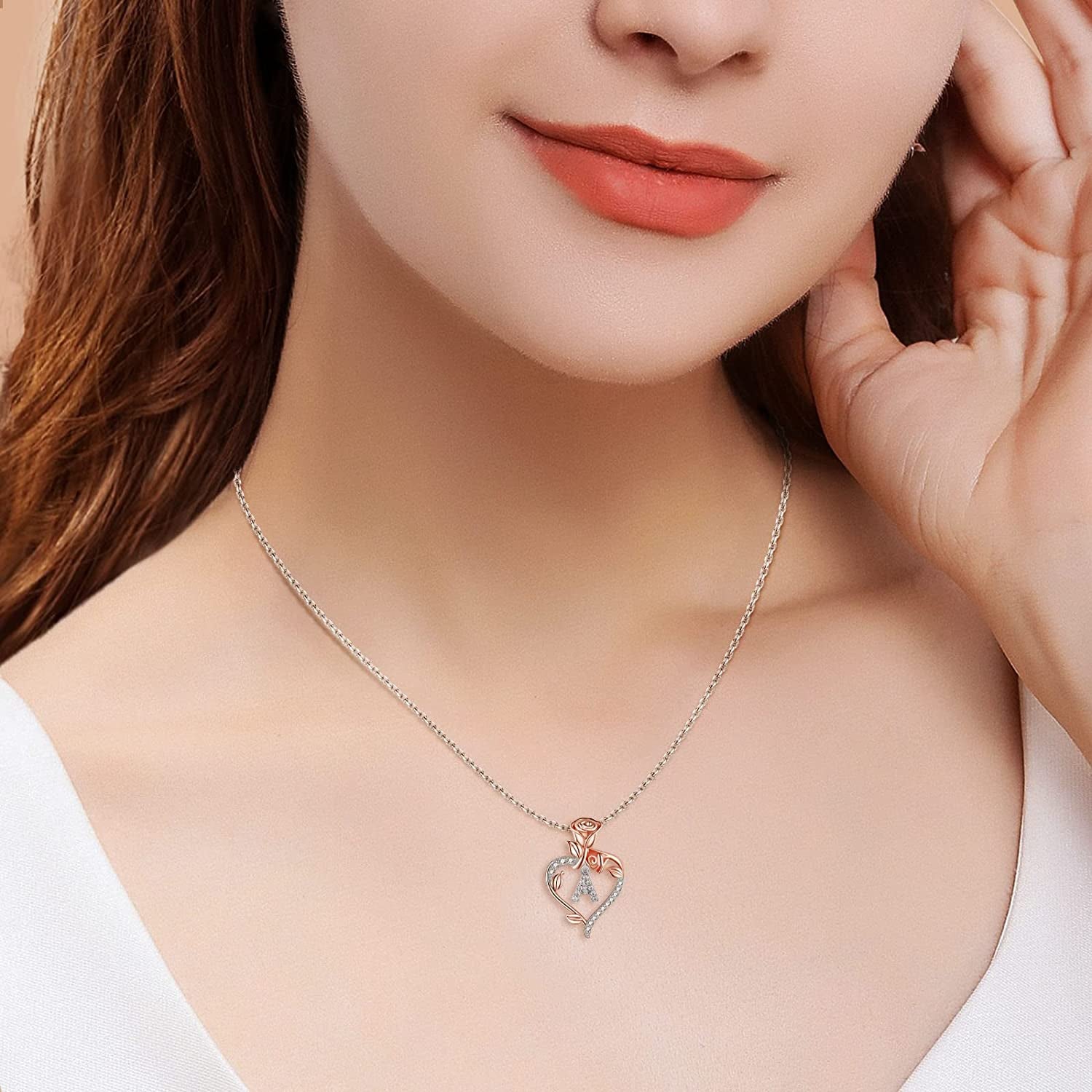 Rose Heart Initial Necklaces Gifts for Women Teen Girls, Rose Love Heart Letter Pendant Necklace Jewelry Mothers Day Valentines Anniversary Birthday Gifts for Her Women Wife Girlfriend Mom