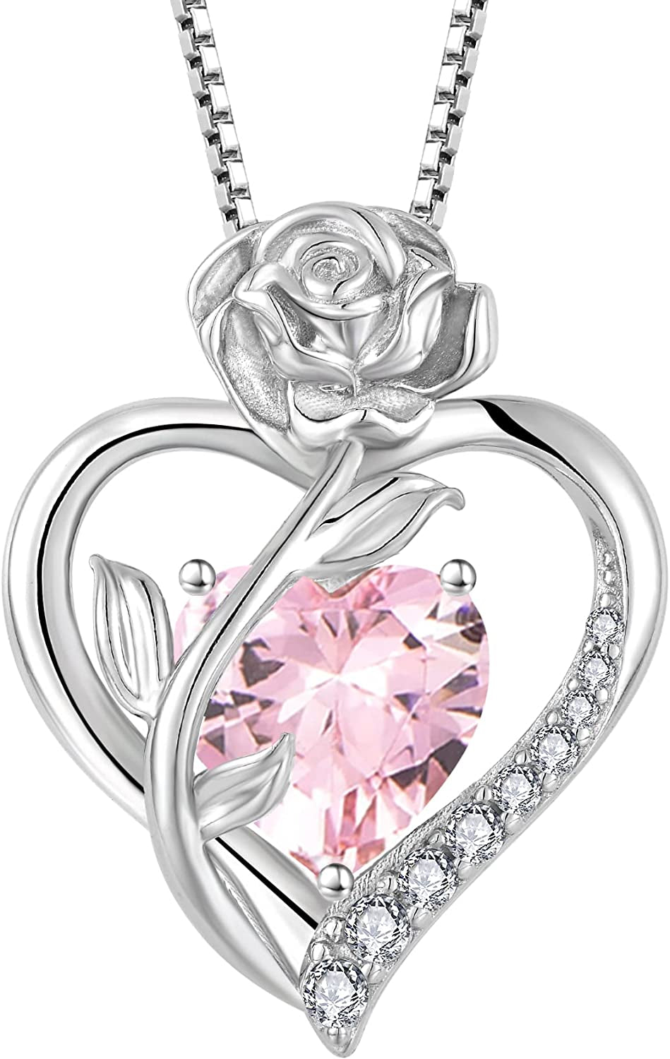 Love Heart Birthstone Necklace for Women 925 Sterling Silver Rose Flower Necklace Created Gemstone Pendant Birthday Valentines Mothers Day Anniversary Christmas Gifts for Mom Wife Girls Her