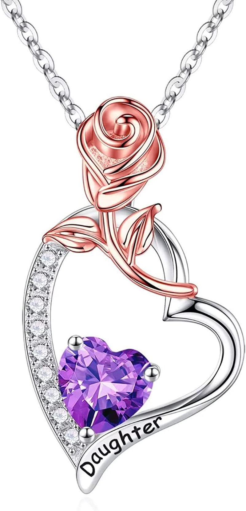 Daughter Gifts Rose Heart Birthstone Necklace, 925 Sterling Silver Natural or Created Gemstone Pendant Necklace Valentines Mothers Day Gifts for Daughter Birthday Christmas Gifts for Daughter from Mom