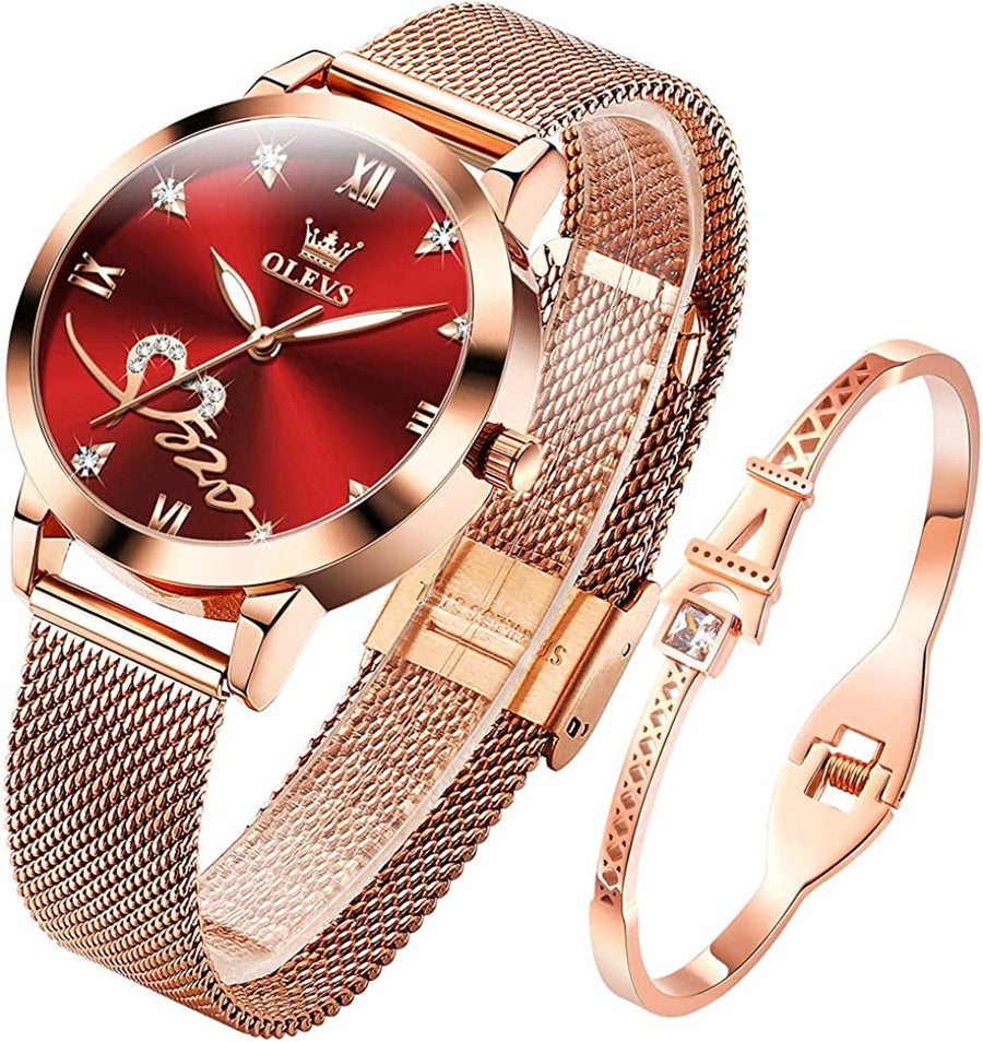 Women'S Rose Gold Watches Ultrathin Japanese Quartz Movement Girls Ladies Wristwatch Big Face Waterproof Mesh Belt Watch and Bracelet Set Valentines Day Gift