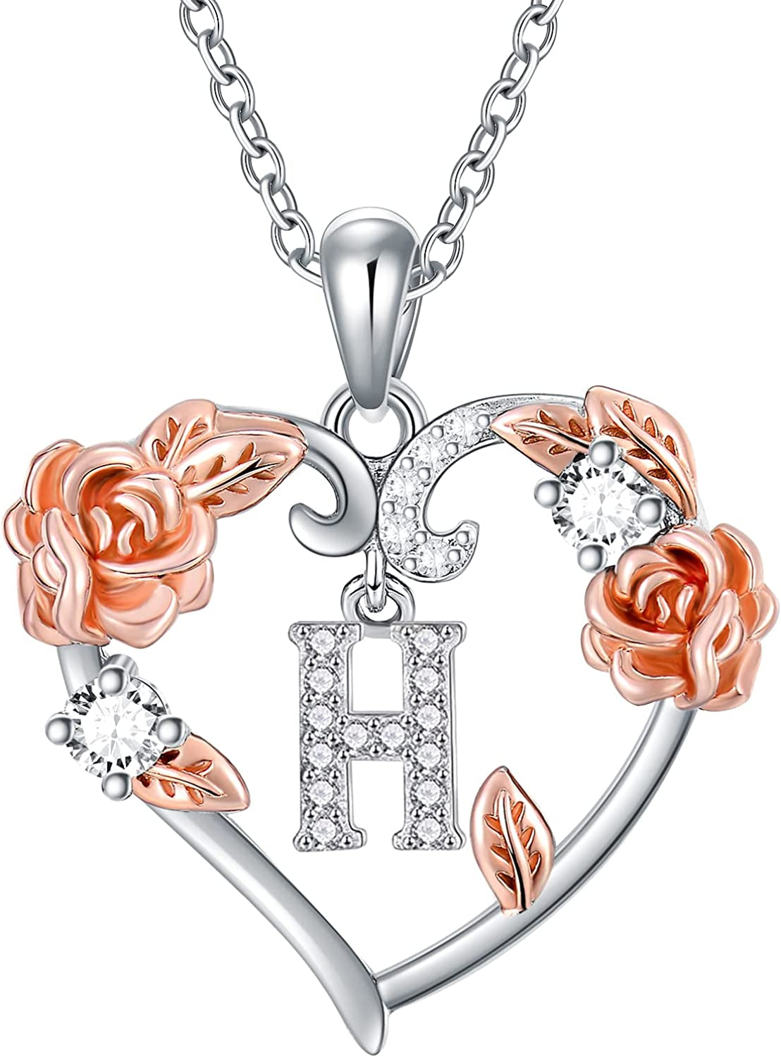 Rose Heart Necklaces Gifts for Women, 925 Sterling Silver Rose Love Heart Initial Letter Pendant Necklace Jewelry Mothers Day Valentines Christmas Birthday Gifts for Her Mom Wife Girlfriend