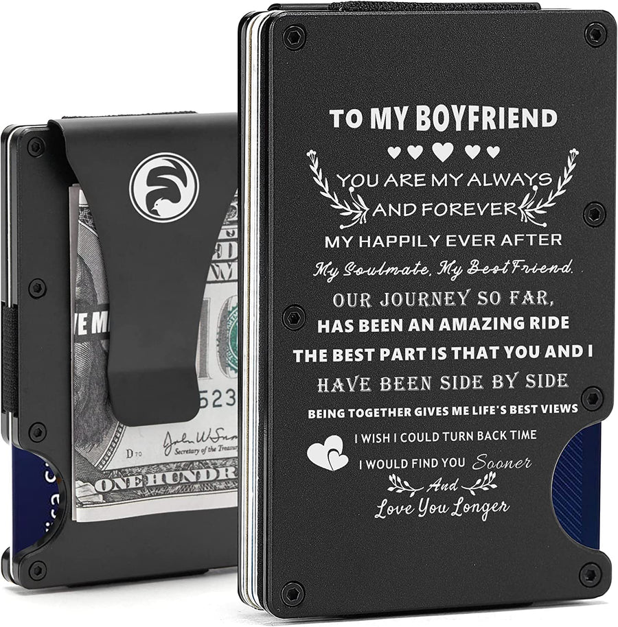 Minimalist Engraved Wallet for Boyfriend from Girlfriend - Slim Metal RFID Blocking Card Holder - Personalized Aluminum Front Pocket Money Clip for Men - Christmas Birthday Anniversary Valentines Day