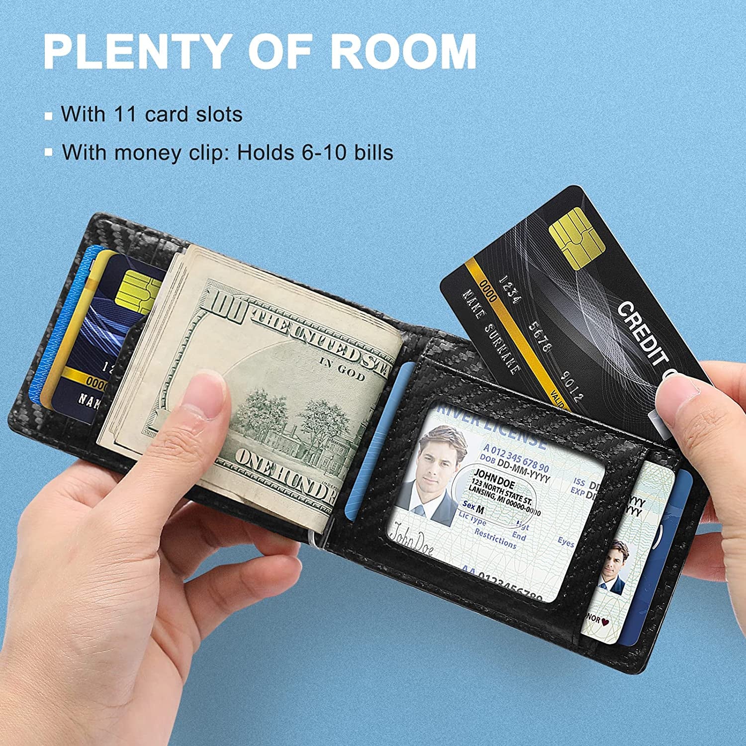 Gifts for Dad,Men'S Leather Wallet for Valentines Day Gifts with Money Clip, RFID Blocking,Bifold Credit Card Holder with 11 Slots,Clips 6-10 Bills,Gifts for Men Him Husband Boyfriend-Carbon Fiber