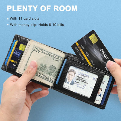 Gifts for Dad,Men'S Leather Wallet for Valentines Day Gifts with Money Clip, RFID Blocking,Bifold Credit Card Holder with 11 Slots,Clips 6-10 Bills,Gifts for Men Him Husband Boyfriend-Carbon Fiber