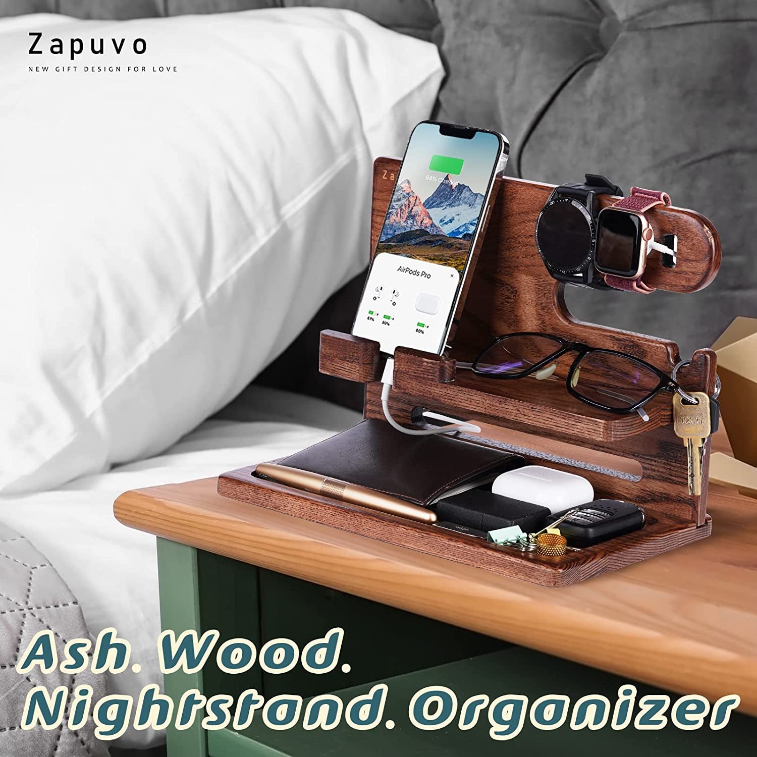 Gifts for Men, Gifts for Husband Boyfriend Him Valentines Day Anniversary from Wife Girlfriend, Ash Wood Phone Docking Station Nightstand Organizer, Dad Birthday Gifts Ideas from Daughter Son