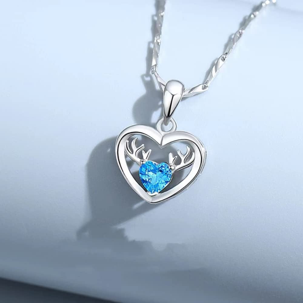 Deer Necklace. Deer Antler Pendant. Love Necklace, Blue Love Zircon. Silver Plated, Women'S Necklace, Girly, Valentine'S Day, Birthday Gift