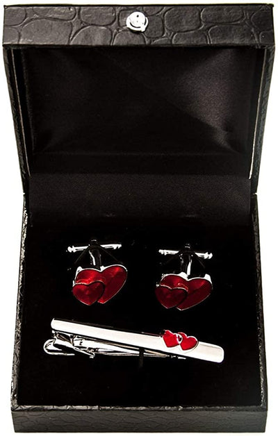 Heart Red Pair of Cufflinks & Tie Bar Clip with Presentation Gift Box & Polishing Cloth