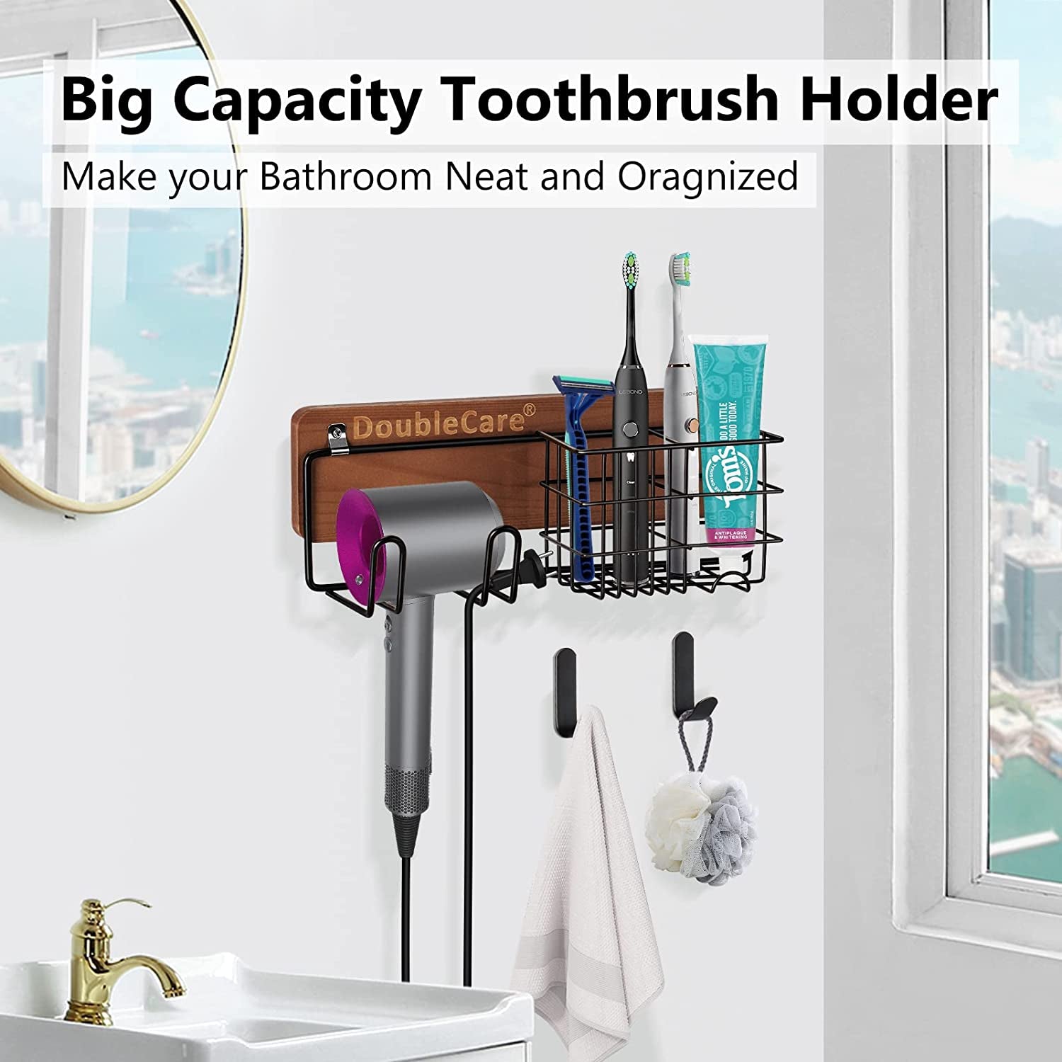 Toothbrush Holder Wall Mounted, Hair Dryer Holder for Dyson with 2 Iron Hooks,Multifunctional Bathroom Organizer for Toothpaste, Toothbrush, Razor,Towel,Wooden