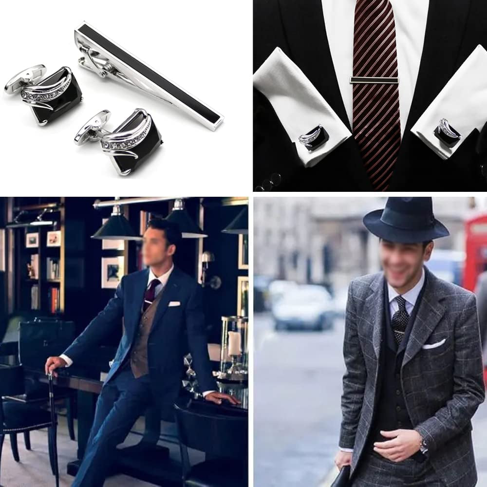 Black Cufflinks and Tie Clip Set with Gift Box Wedding Party Business Meeting Mens Cufflinks Give Father’S Day Valentine’S Day or Men Birthday Gift