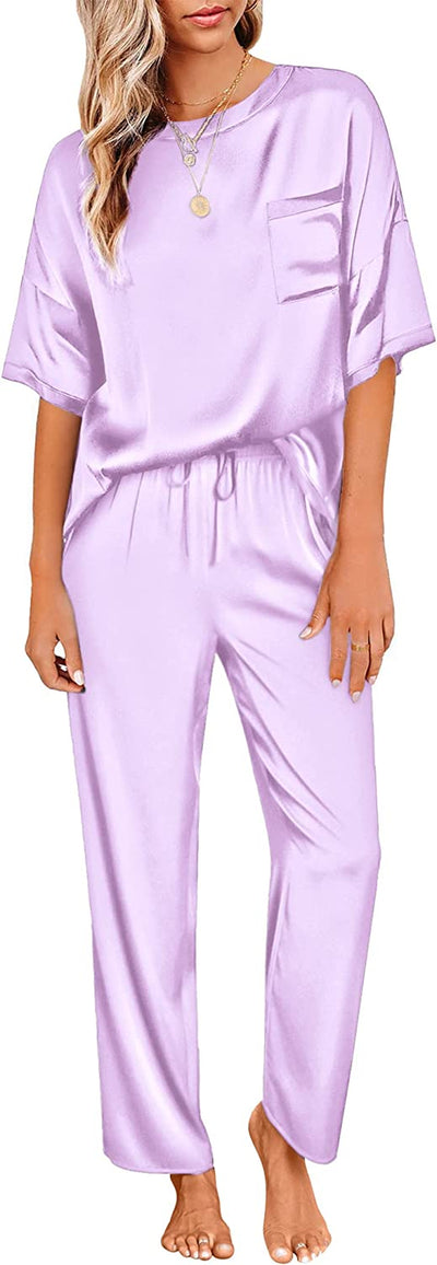 Women'S Satin Silky Pajama Set Short Sleeve T-Shirt with Long Pajama Pant Set Soft PJ Loungewear