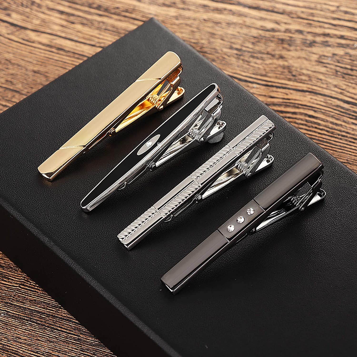 Tie Clip Cufflinks Set for Men Necktie Tie Bar Clips Business Shirts Tuxedo Wedding Gift with Box Silver-Tone Gold-Tone Black