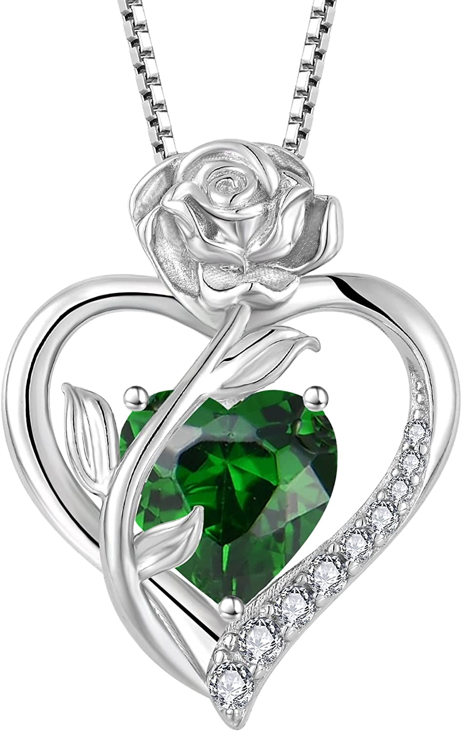 Love Heart Birthstone Necklace for Women 925 Sterling Silver Rose Flower Necklace Created Gemstone Pendant Birthday Valentines Mothers Day Anniversary Christmas Gifts for Mom Wife Girls Her