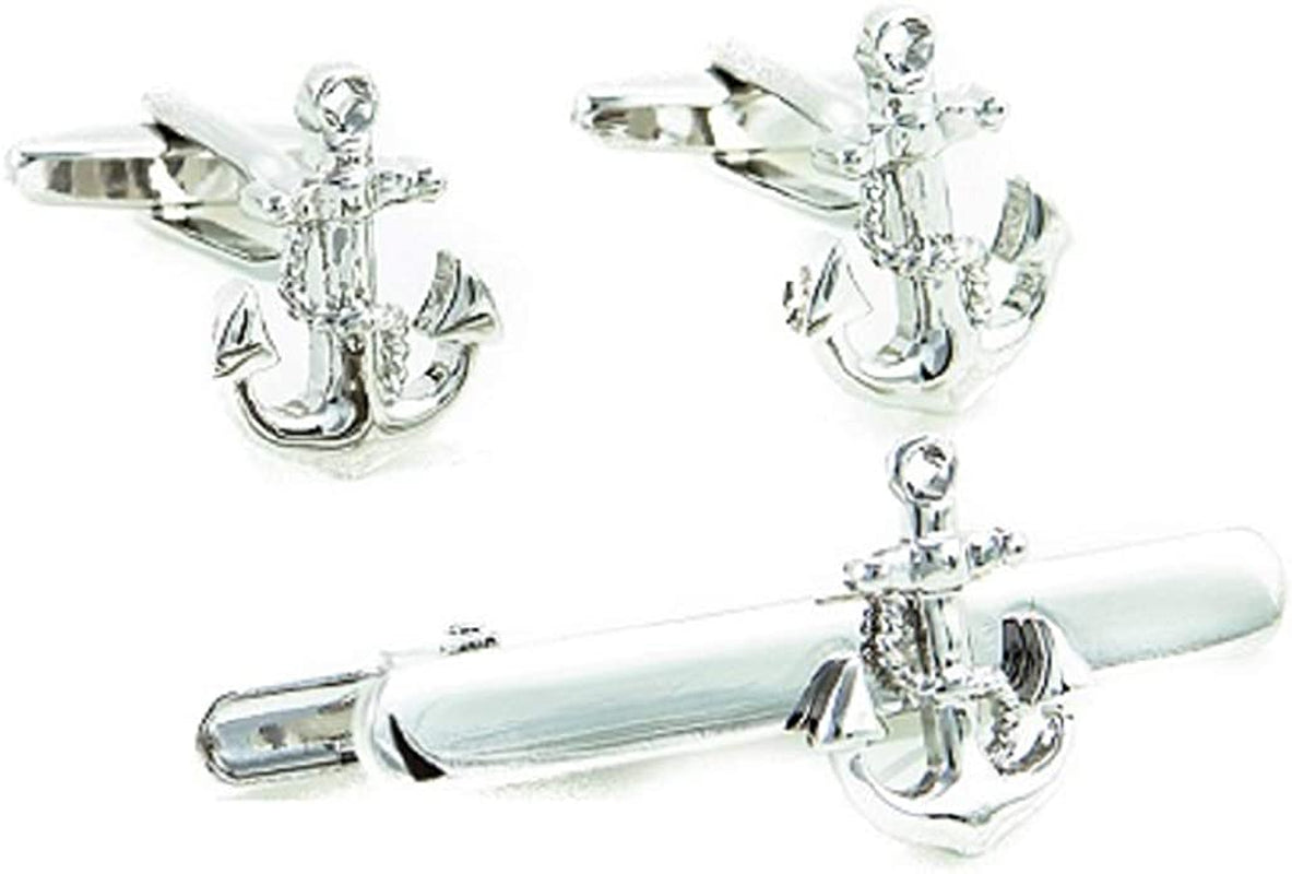 Anchor W/Chain Pair of Cufflinks & Tie Bar Clip in Presentation Gift Box and Polishing Cloth