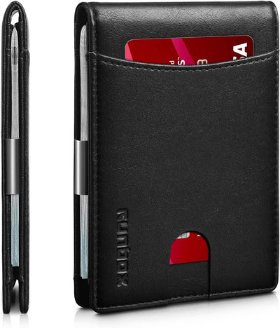 Slim Money Clip Wallet for Men Minimalist Leather Bifold RFID Blocking Large Capacity with Gift Box Carbon Black and Red