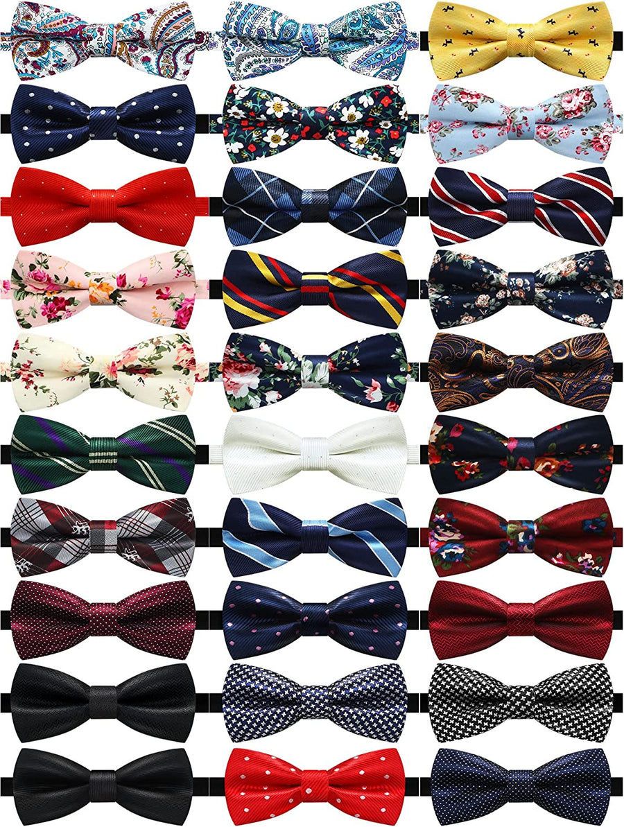 30 Pieces Elegant Pre Tied Bow Ties for Men Boys with Adjustable Floral Neck Band Bowties for Kids Pre Tied Set