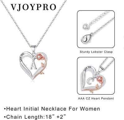 Valentines Day Gifts for Her Women Girls, I Love You Gifts Rose Heart Initial Necklace Birthday Valentines Jewelry Gifts for Women Teen Girl Her Girlfriend Wife Mom Daughter