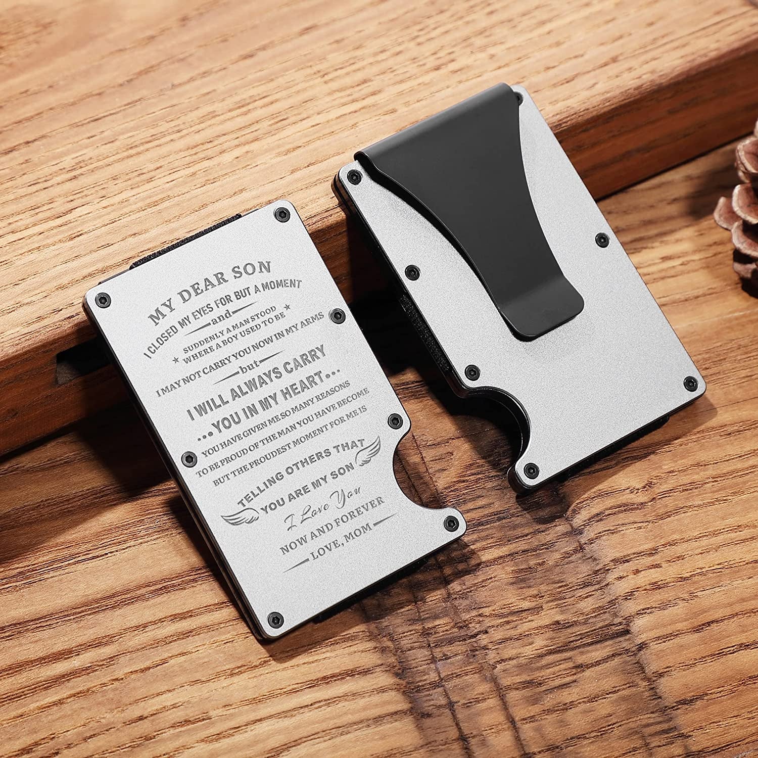 Personalized Engraved Metal Money Clip Aluminum Wallet for Son from Mom Mother - Christmas Graduation Birthday Deployment - Men Minimalist Slim Front Pocket RFID Blocking Credit Card Holder Purse