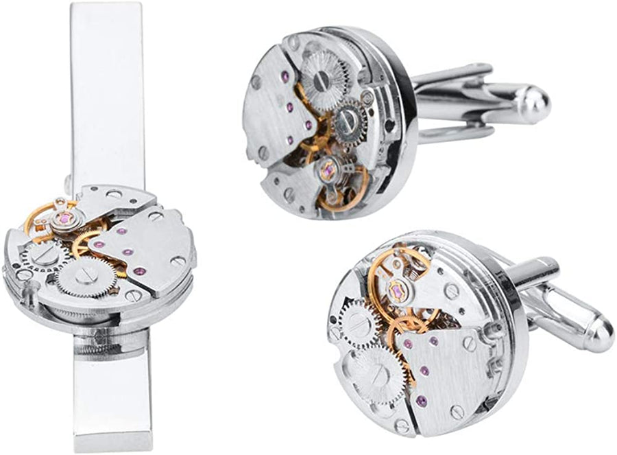 Movement Cuff Links Steampunk Watch Mens Shirt Vintage Watch Tie Clip and Cufflinks Set