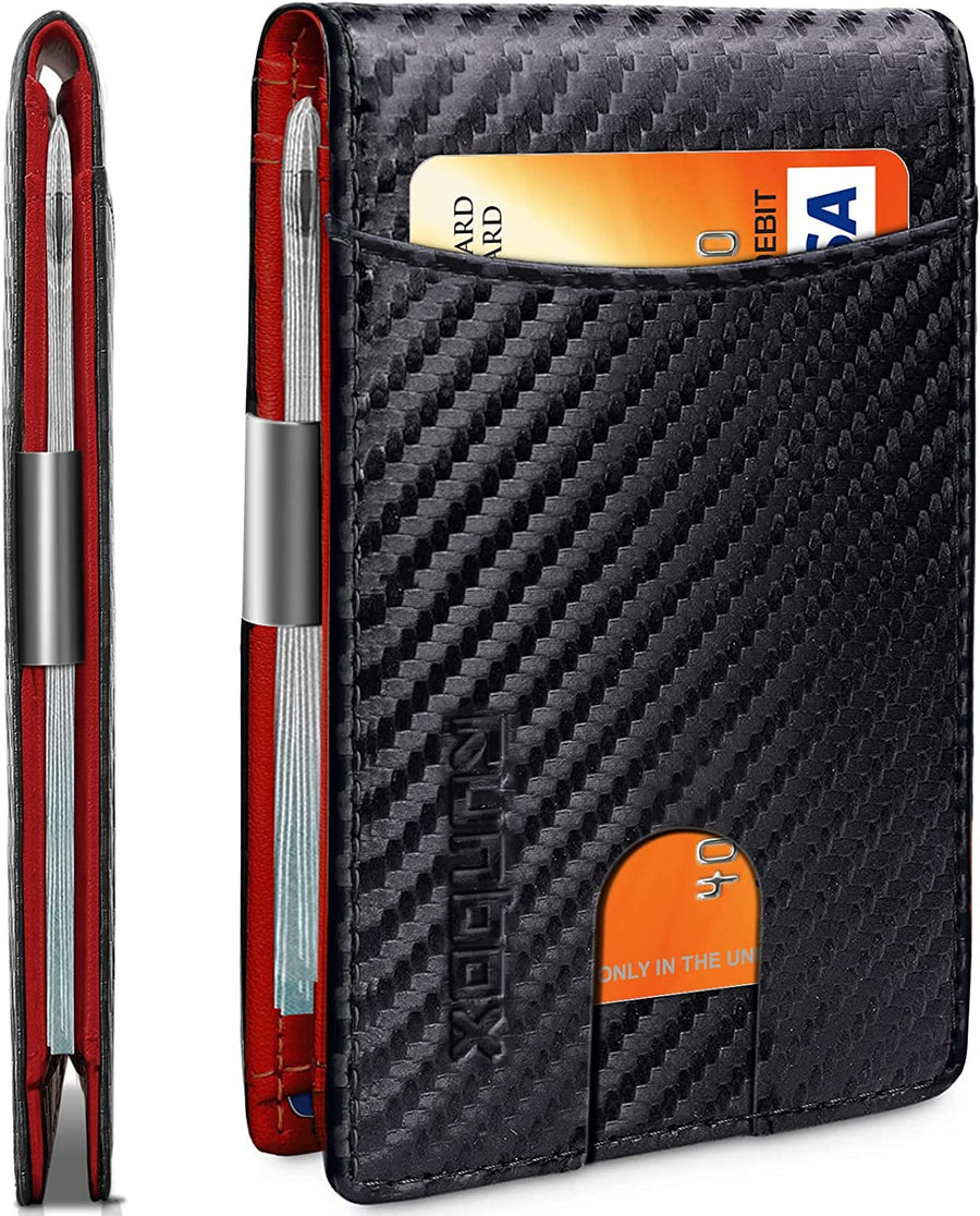 Slim Money Clip Wallet for Men Minimalist Leather Bifold RFID Blocking Large Capacity with Gift Box Carbon Black and Red