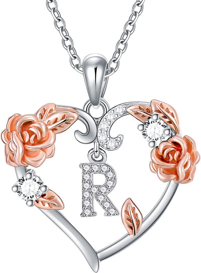 Rose Heart Necklaces Gifts for Women, 925 Sterling Silver Rose Love Heart Initial Letter Pendant Necklace Jewelry Mothers Day Valentines Christmas Birthday Gifts for Her Mom Wife Girlfriend