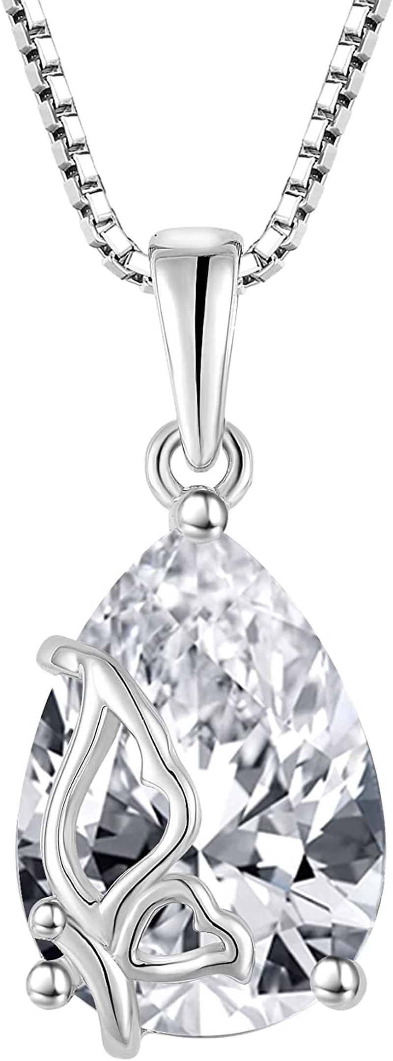 Birthstone Necklace for Women 925 Sterling Silver Butterfly Pendant Necklace with Created Gemstone Birthday Valentines Mothers Day Anniversary Christmas Jewelry Gifts for Mom Wife Girls Her