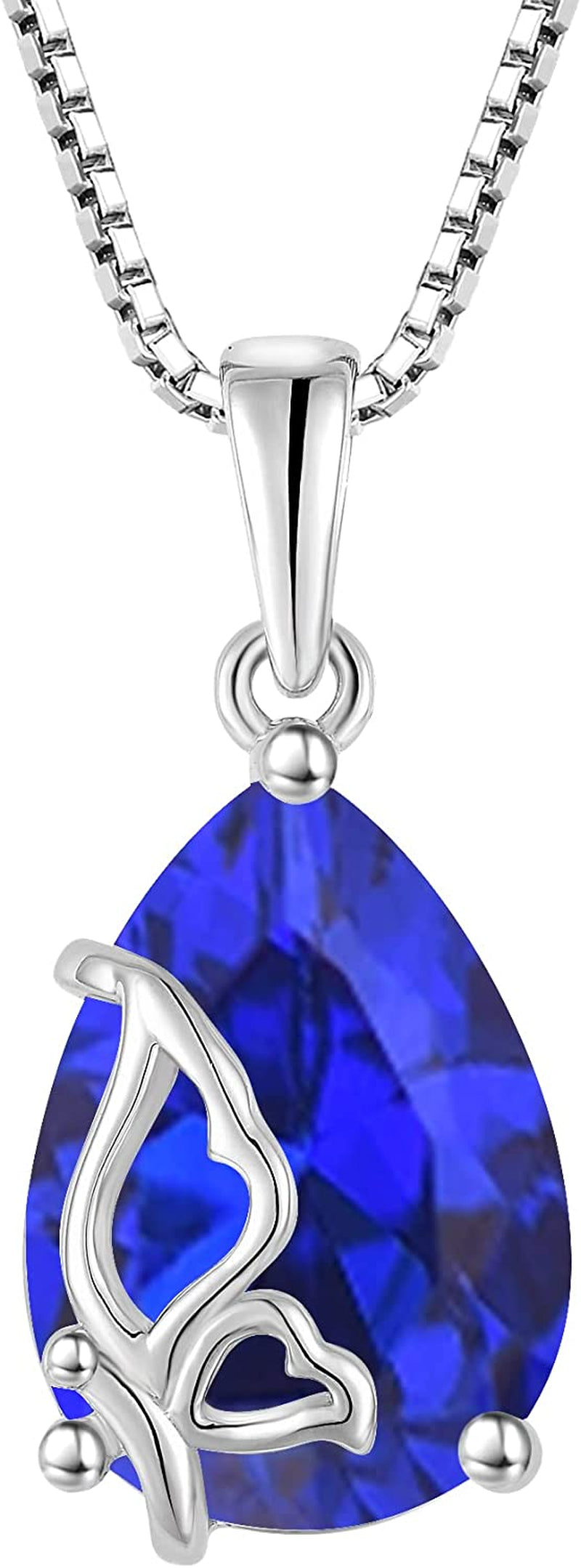 Birthstone Necklace for Women 925 Sterling Silver Butterfly Pendant Necklace with Created Gemstone Birthday Valentines Mothers Day Anniversary Christmas Jewelry Gifts for Mom Wife Girls Her