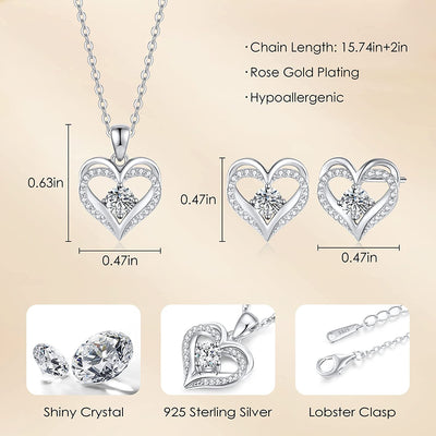 Jewelry Sets for Women Love Heart Pendant Necklaces Earrings, 925 Sterling Silver with Birthstone Zirconia, Birthday Anniversary Valentine’S Day Jewelry Gifts for Women Girls Wife Girlfriend Her