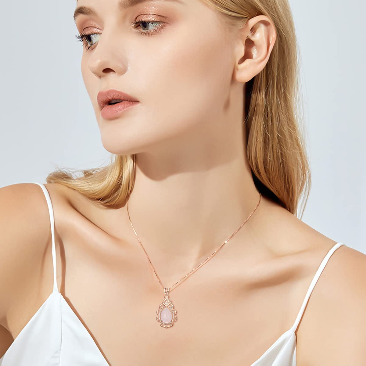 Rose Gold Rose Quartz Pendant Necklace Teardrop Pink Love Crystal Necklace Jewelry Valentine'S Day Birthday Mother'S Day Gifts for Women Girls Wife Mom Girlfriend Her