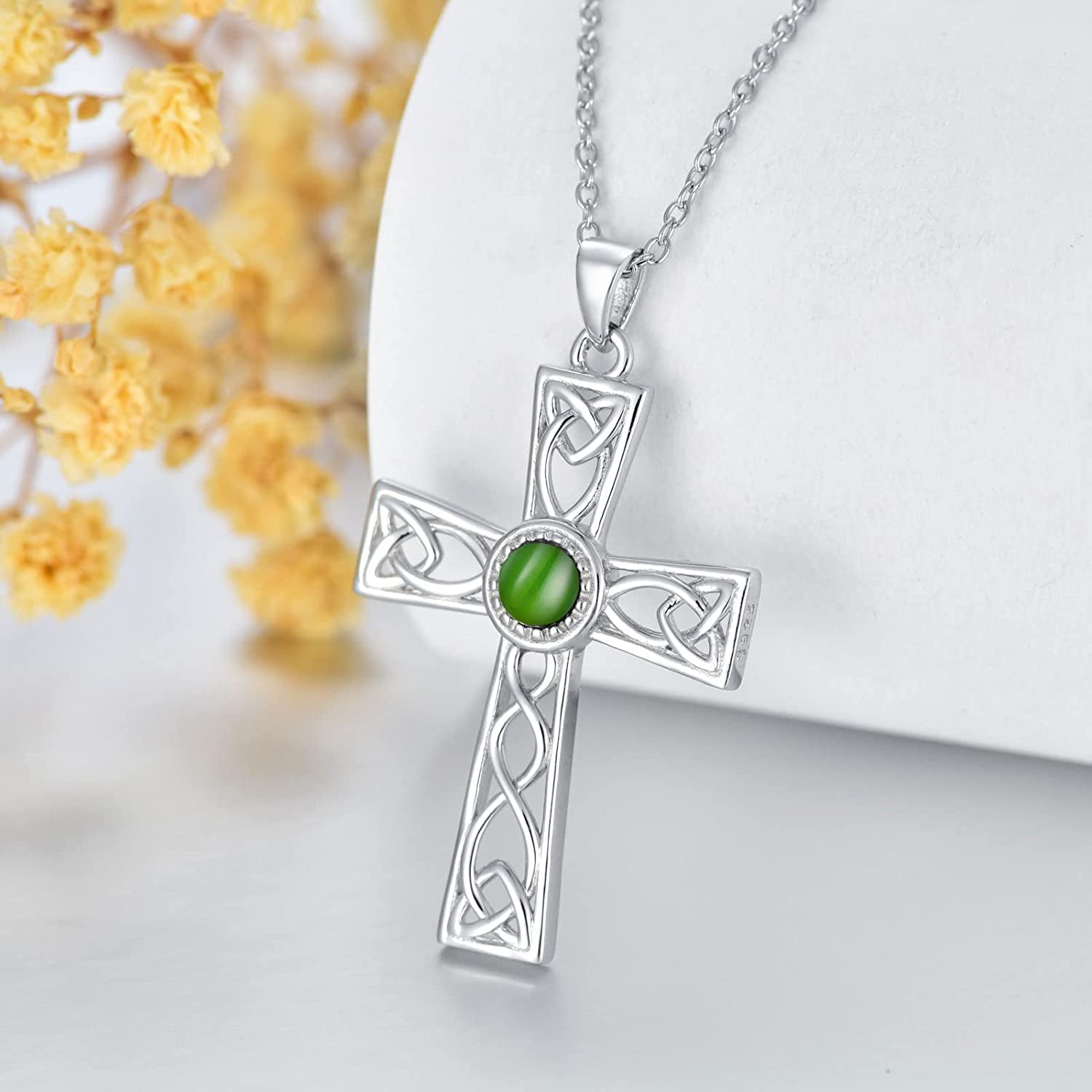 Celtic Cross Necklace for Women with Natural Turquoise/Jade/Red Agate Sterling Silver Irish Trinity Knot Cross Pendant Necklace Jewelry Gifts for Christmas Birthday Valentine’S Day