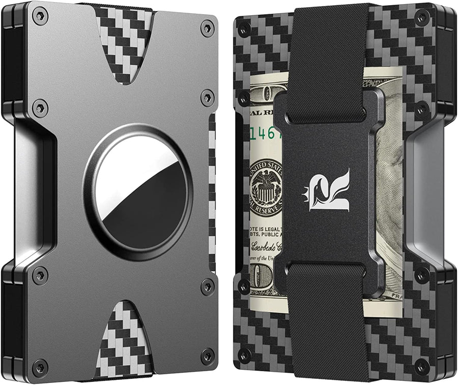 Wallet for Men Compatible with Airtag: Slim Minimalist Carbon Fiber Front Pocket Credit Card Wallet with Airtag Holder, RFID Blocking Aluminum Metal Air Tag Wallets for Men with Cash Strap & Gift Box