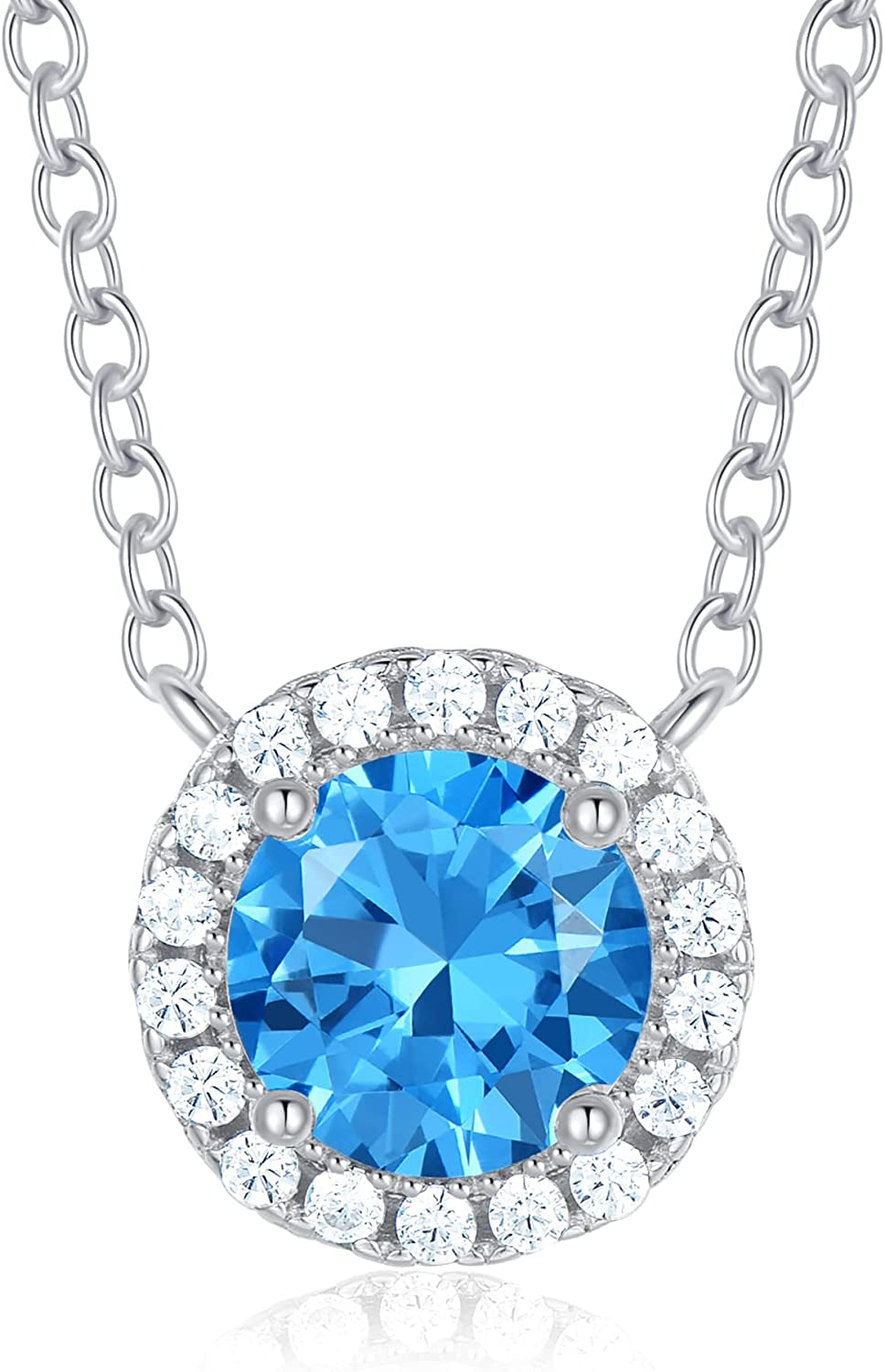 925 Sterling Silver Birthstone round Solitaire Pendant Dainty Halo Necklaces for Women, Anniversary Valentine'S Day Birthday Mother'S Jewelry Gifts for Girls Women Wife Mom Girlfriend