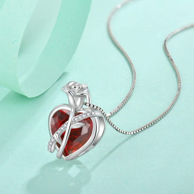 Birthstone Necklace for Women 925 Sterling Silver Created Gemstone Rose Flower Love Heart Pendant Necklace Birthday Valentines Mothers Day Anniversary Christmas Gifts for Mom Wife Girls Her