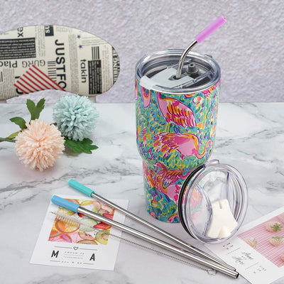 30 Oz Tumbler with Lids and Straws,18/8 Stainless Steel Vacuum Insulated Coffee Tumbler,Insulated Travel Mug Water Cup with Leak-Proof Straw Lid & Flip Lid,3 Metal Straws,1 Cleaning Brush & Gift Box