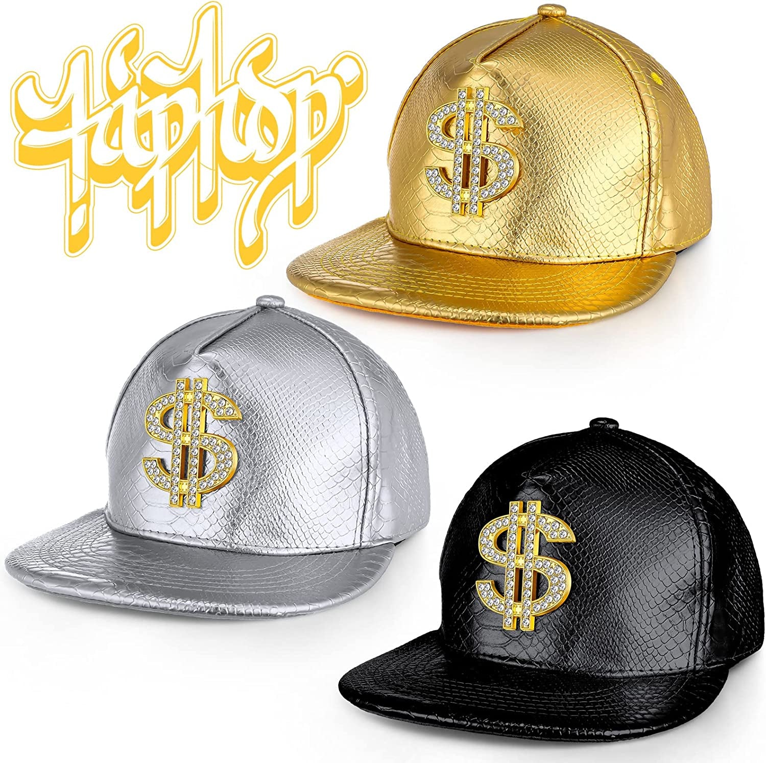 3 Pieces Funny Hat Gold Rapper Hat 80S 90S Adjustable Hip Hop Hat Dollar Sign Gold Snapback Hat Leather Brimmed Baseball Cap for Men
