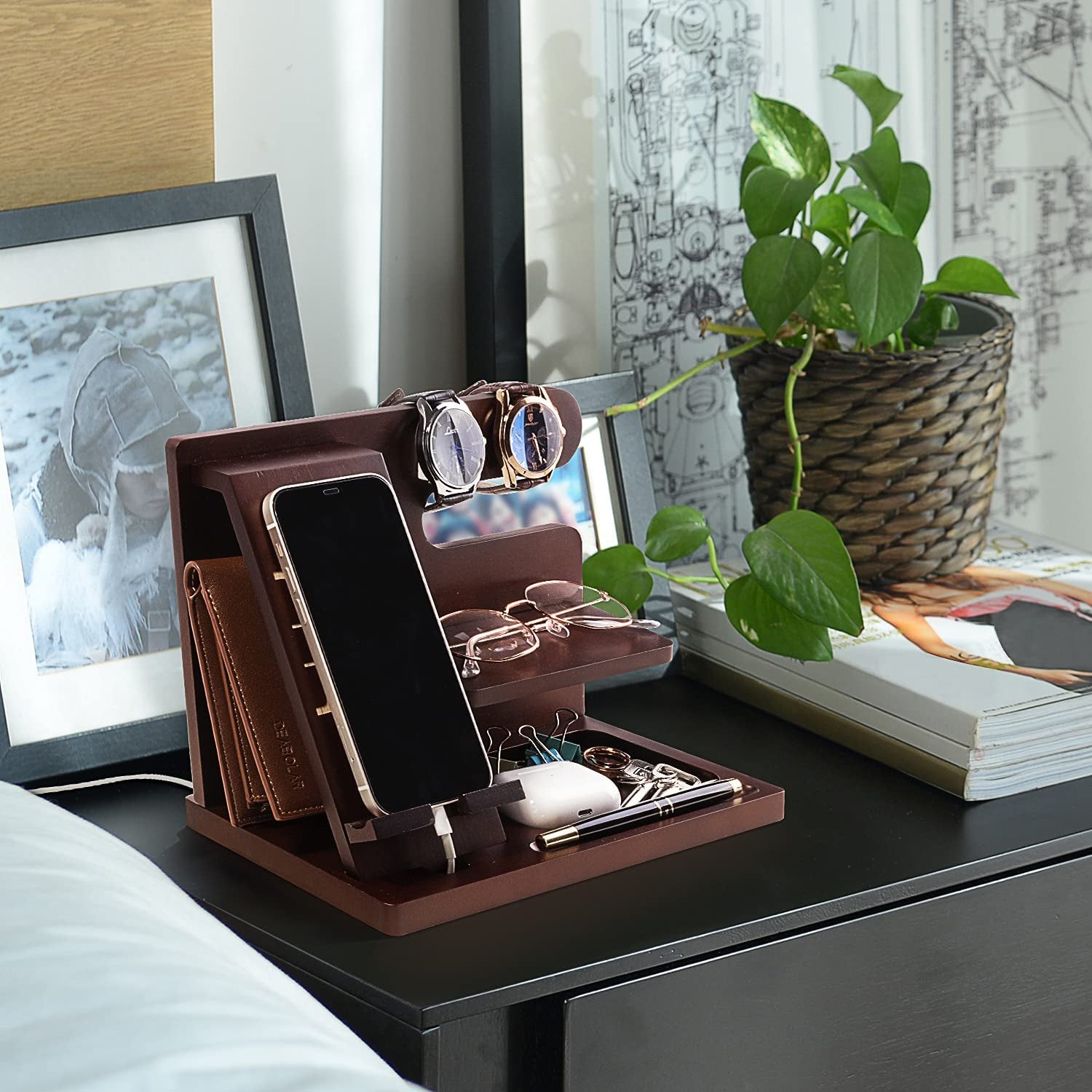 Personalized Wood Phone Docking Station for Husband Boyfriend - I Love You Everyday - Key Holder Wallet Stand Watch Organizer Men Gift Anniversary Birthday Christmas Nightstand Male Travel Gadgets