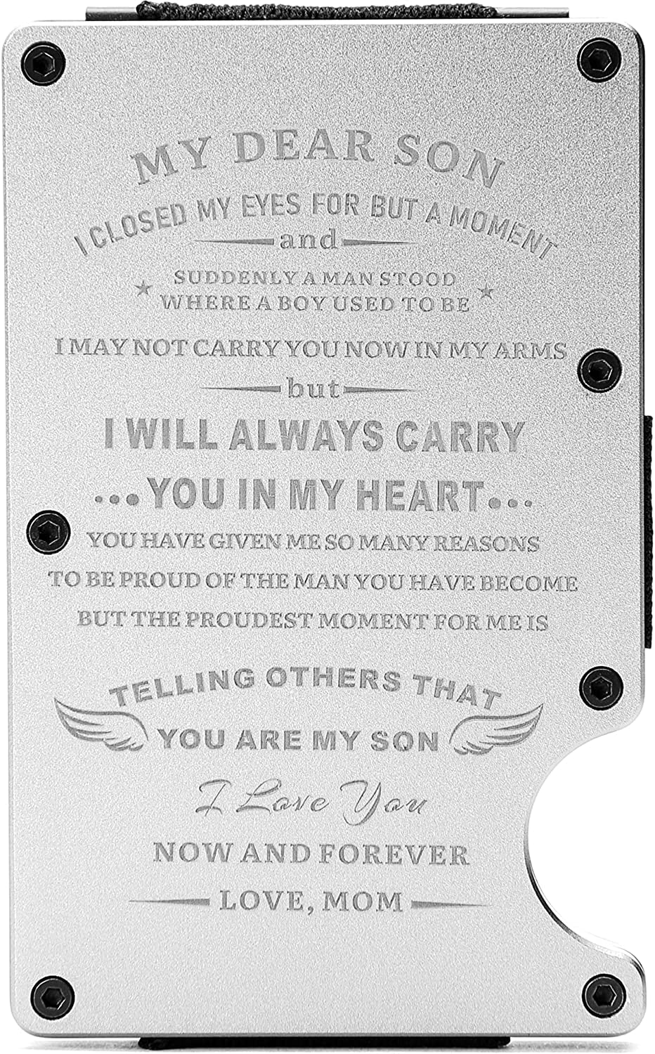 Personalized Engraved Metal Money Clip Aluminum Wallet for Son from Mom Mother - Christmas Graduation Birthday Deployment - Men Minimalist Slim Front Pocket RFID Blocking Credit Card Holder Purse