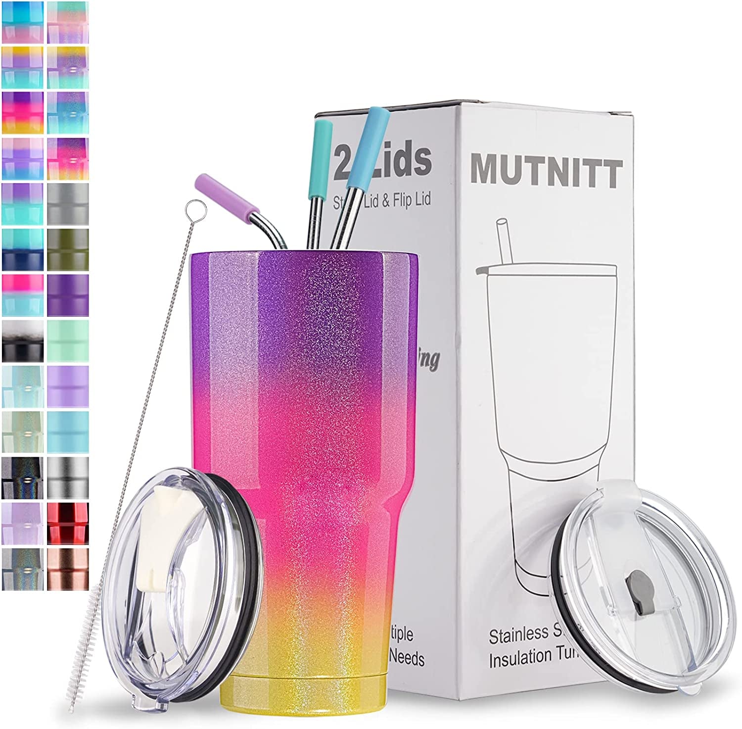 30 Oz Tumbler with Lids and Straws,18/8 Stainless Steel Vacuum Insulated Coffee Tumbler,Insulated Travel Mug Water Cup with Leak-Proof Straw Lid & Flip Lid,3 Metal Straws,1 Cleaning Brush & Gift Box