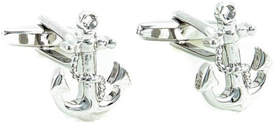 Anchor W/Chain Pair of Cufflinks & Tie Bar Clip in Presentation Gift Box and Polishing Cloth