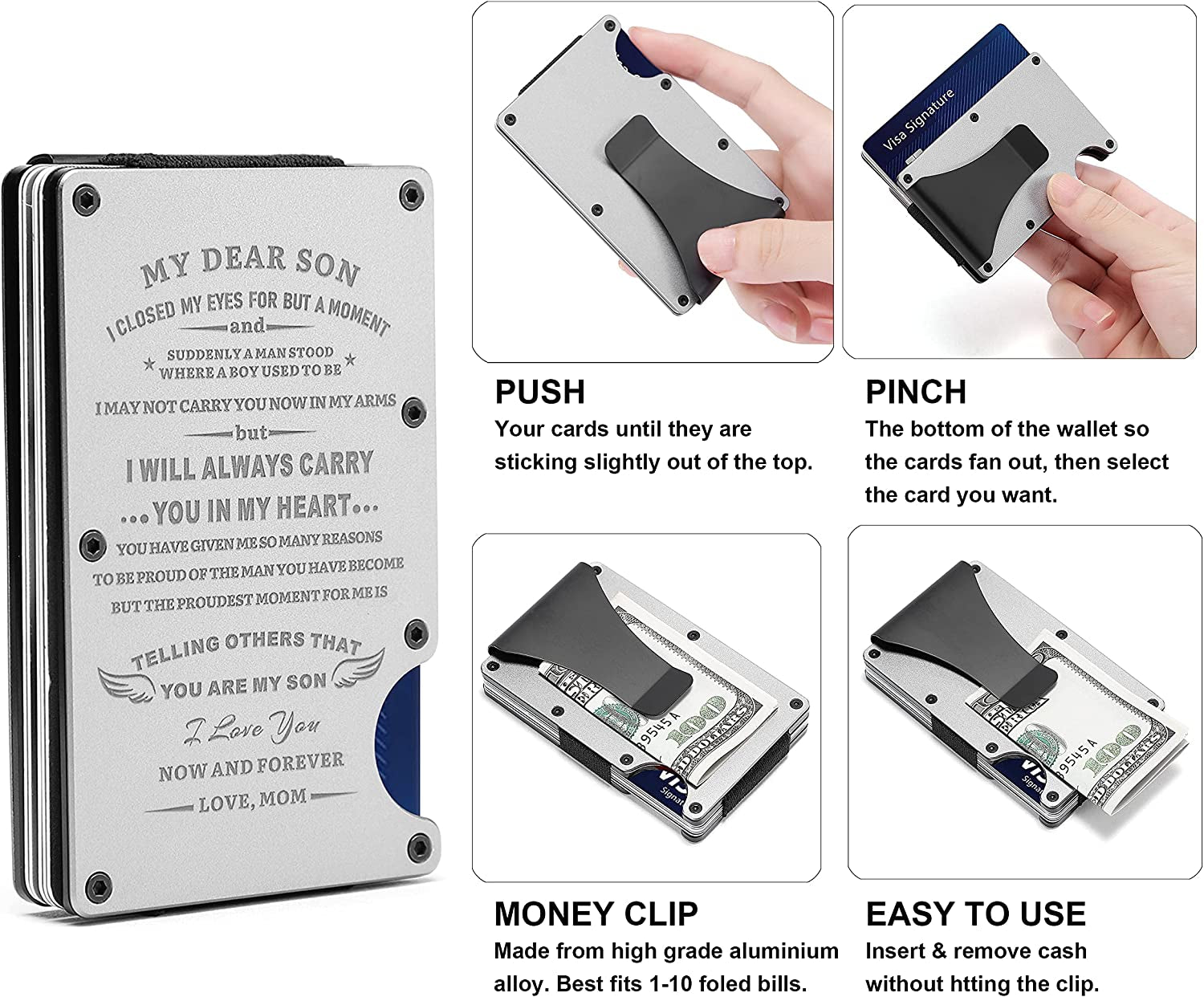 Personalized Engraved Metal Money Clip Aluminum Wallet for Son from Mom Mother - Christmas Graduation Birthday Deployment - Men Minimalist Slim Front Pocket RFID Blocking Credit Card Holder Purse