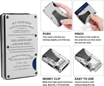 Personalized Engraved Metal Money Clip Aluminum Wallet for Son from Mom Mother - Christmas Graduation Birthday Deployment - Men Minimalist Slim Front Pocket RFID Blocking Credit Card Holder Purse